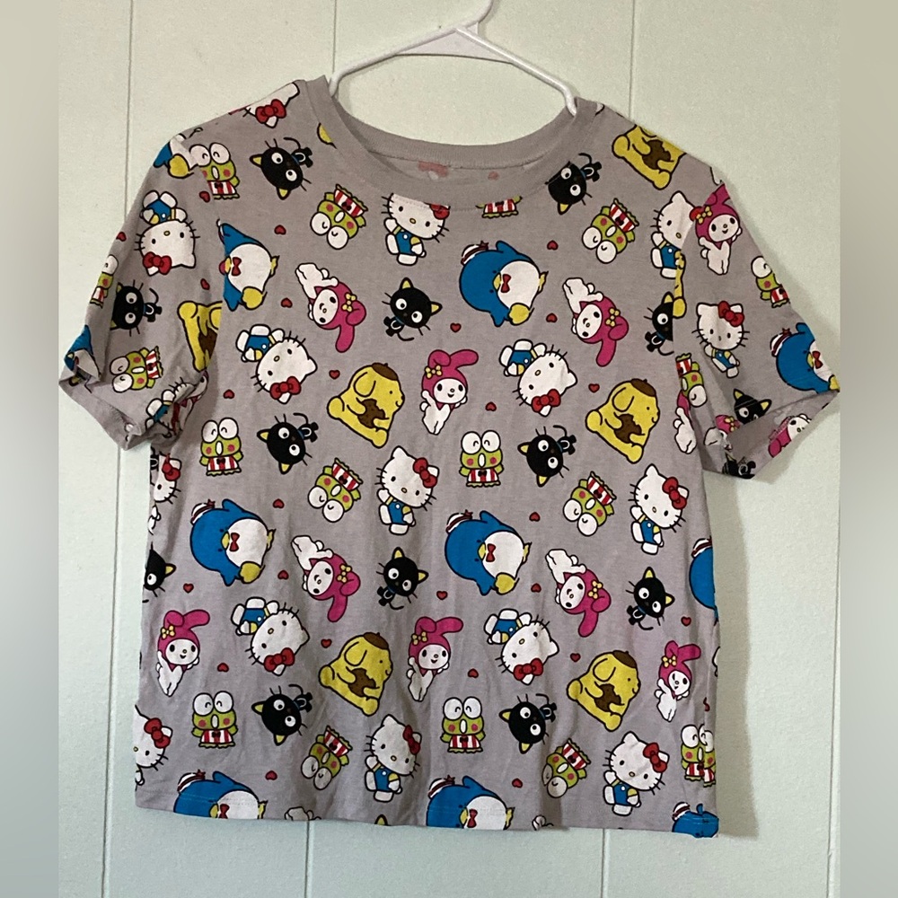 Hello Kitty GIRLS SZ L 100% Cotton Tee Gray with all the friends Colorful